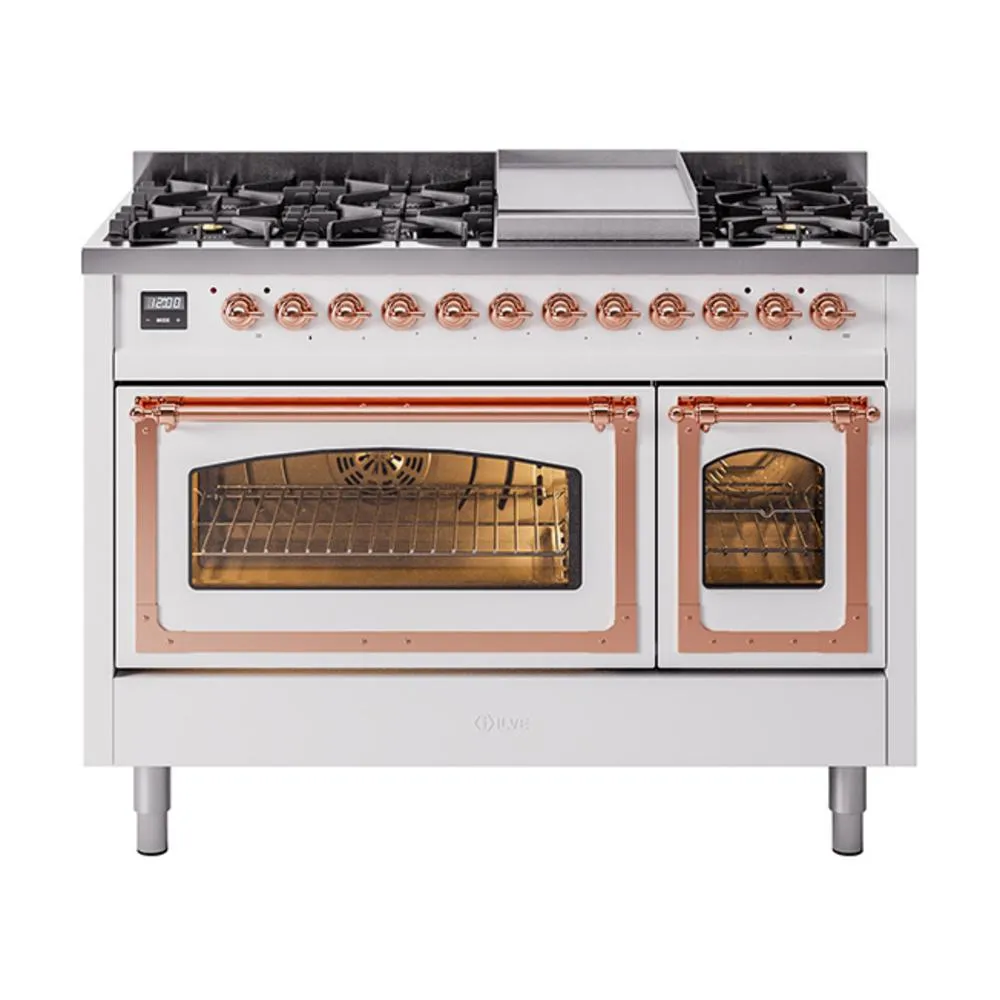 Ilve UN48FNMPWHPLP Ilve Un48Fnmpwhplp Nostalgie Ii Noblesse 48" Dual Fuel Range (8 Sealed Burners   Griddle, Liquid Propane, Triple Glass Door, White, Copper)
