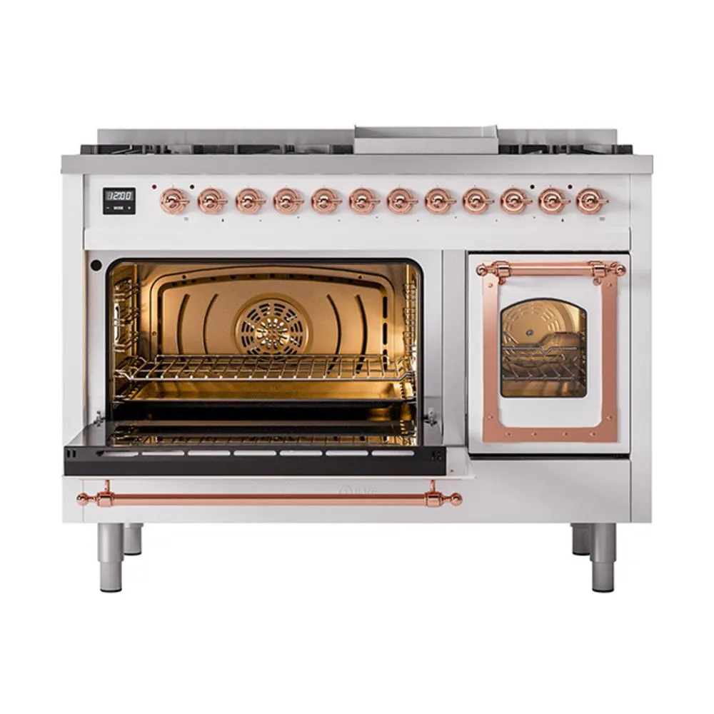 Ilve UN48FNMPWHPLP Ilve Un48Fnmpwhplp Nostalgie Ii Noblesse 48" Dual Fuel Range (8 Sealed Burners   Griddle, Liquid Propane, Triple Glass Door, White, Copper)