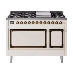 Ilve UN48FQNMPAWB Ilve Un48Fqnmpawb Nostalgie Ii Noblesse 48" Dual Fuel Range (8 Sealed Burners   Griddle, Natural Gas, Solid Door, Antique White, Burnished)