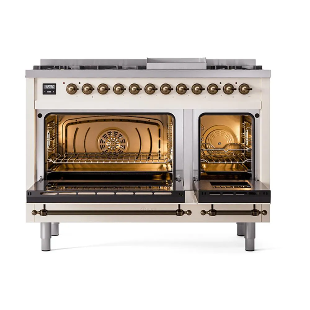 Ilve UN48FQNMPAWBLP Ilve Un48Fqnmpawblp Nostalgie Ii Noblesse 48" Dual Fuel Range (8 Sealed Burners   Griddle, Liquid Propane, Solid Door, Antique White, Burnished)