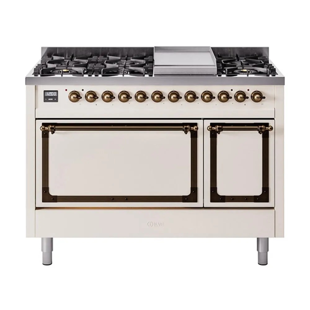 Ilve UN48FQNMPAWBLP Ilve Un48Fqnmpawblp Nostalgie Ii Noblesse 48" Dual Fuel Range (8 Sealed Burners   Griddle, Liquid Propane, Solid Door, Antique White, Burnished)