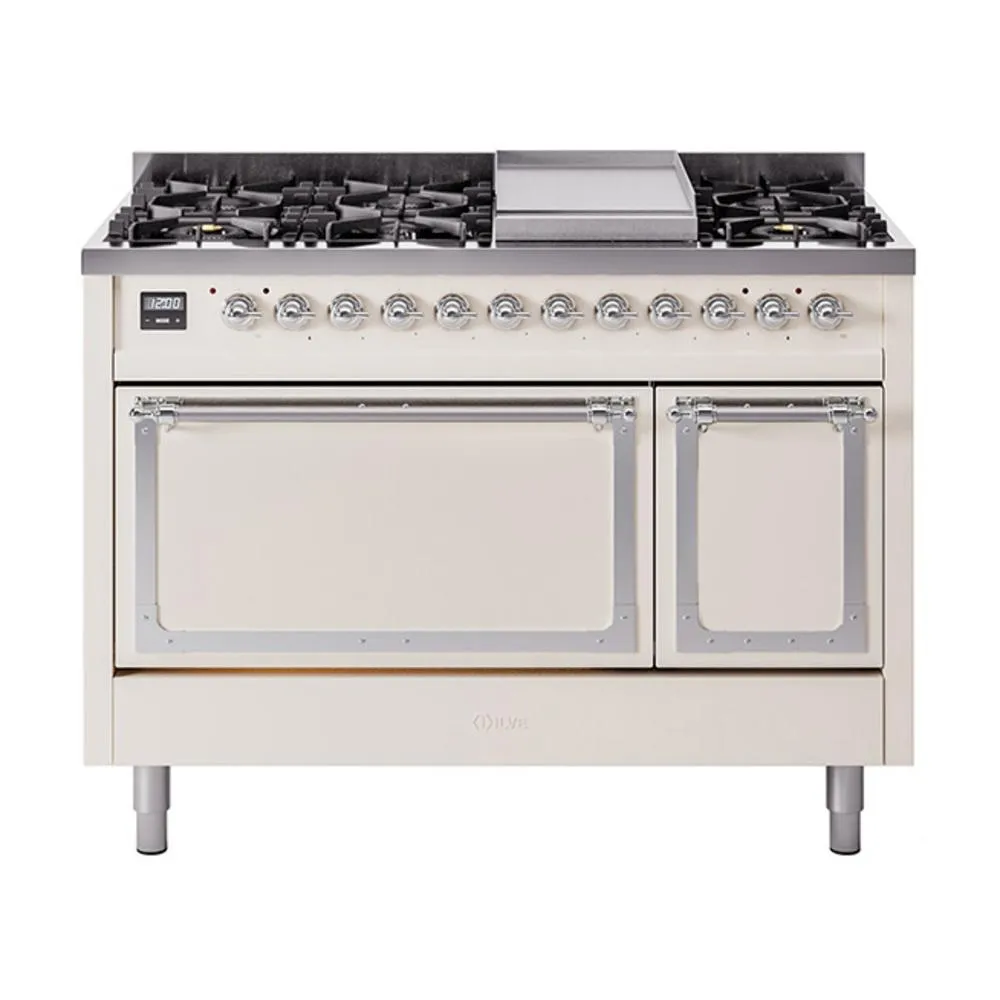 Ilve UN48FQNMPAWCLP Ilve Un48Fqnmpawclp Nostalgie Ii Noblesse 48" Dual Fuel Range (8 Sealed Burners   Griddle, Liquid Propane, Solid Door, Antique White, Chrome)