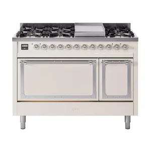 Ilve UN48FQNMPAWCLP Ilve Un48Fqnmpawclp Nostalgie Ii Noblesse 48" Dual Fuel Range (8 Sealed Burners   Griddle, Liquid Propane, Solid Door, Antique White, Chrome)