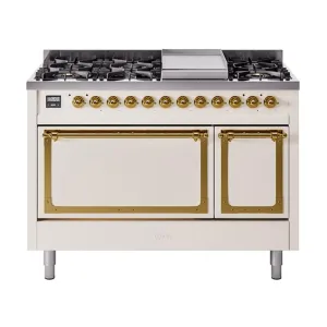 Ilve UN48FQNMPAWG Ilve Un48Fqnmpawg Nostalgie Ii Noblesse 48" Dual Fuel Range (8 Sealed Burners   Griddle, Natural Gas, Solid Door, Antique White, Brass)