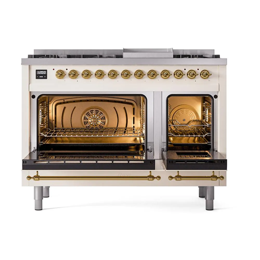Ilve UN48FQNMPAWG Ilve Un48Fqnmpawg Nostalgie Ii Noblesse 48" Dual Fuel Range (8 Sealed Burners   Griddle, Natural Gas, Solid Door, Antique White, Brass)