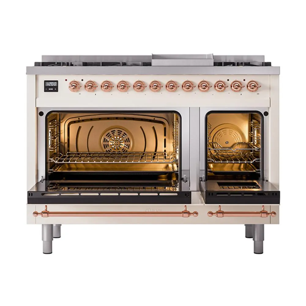 Ilve UN48FQNMPAWP Ilve Un48Fqnmpawp Nostalgie Ii Noblesse 48" Dual Fuel Range (8 Sealed Burners   Griddle, Natural Gas, Solid Door, Antique White, Copper)