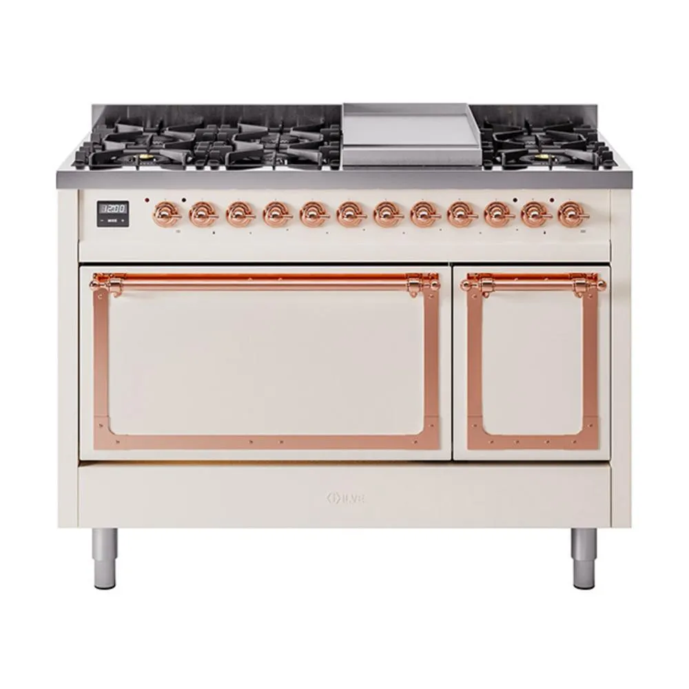 Ilve UN48FQNMPAWP Ilve Un48Fqnmpawp Nostalgie Ii Noblesse 48" Dual Fuel Range (8 Sealed Burners   Griddle, Natural Gas, Solid Door, Antique White, Copper)