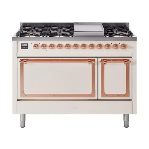 Ilve UN48FQNMPAWP Ilve Un48Fqnmpawp Nostalgie Ii Noblesse 48" Dual Fuel Range (8 Sealed Burners   Griddle, Natural Gas, Solid Door, Antique White, Copper)
