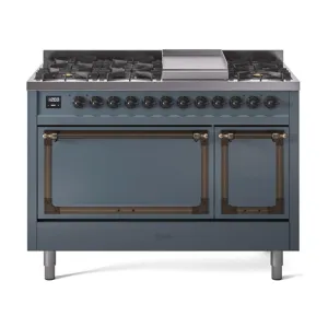 Ilve UN48FQNMPBGB Ilve Un48Fqnmpbgb Nostalgie Ii Noblesse 48" Dual Fuel Range (8 Sealed Burners   Griddle, Natural Gas, Solid Door, Blue Grey, Burnished)