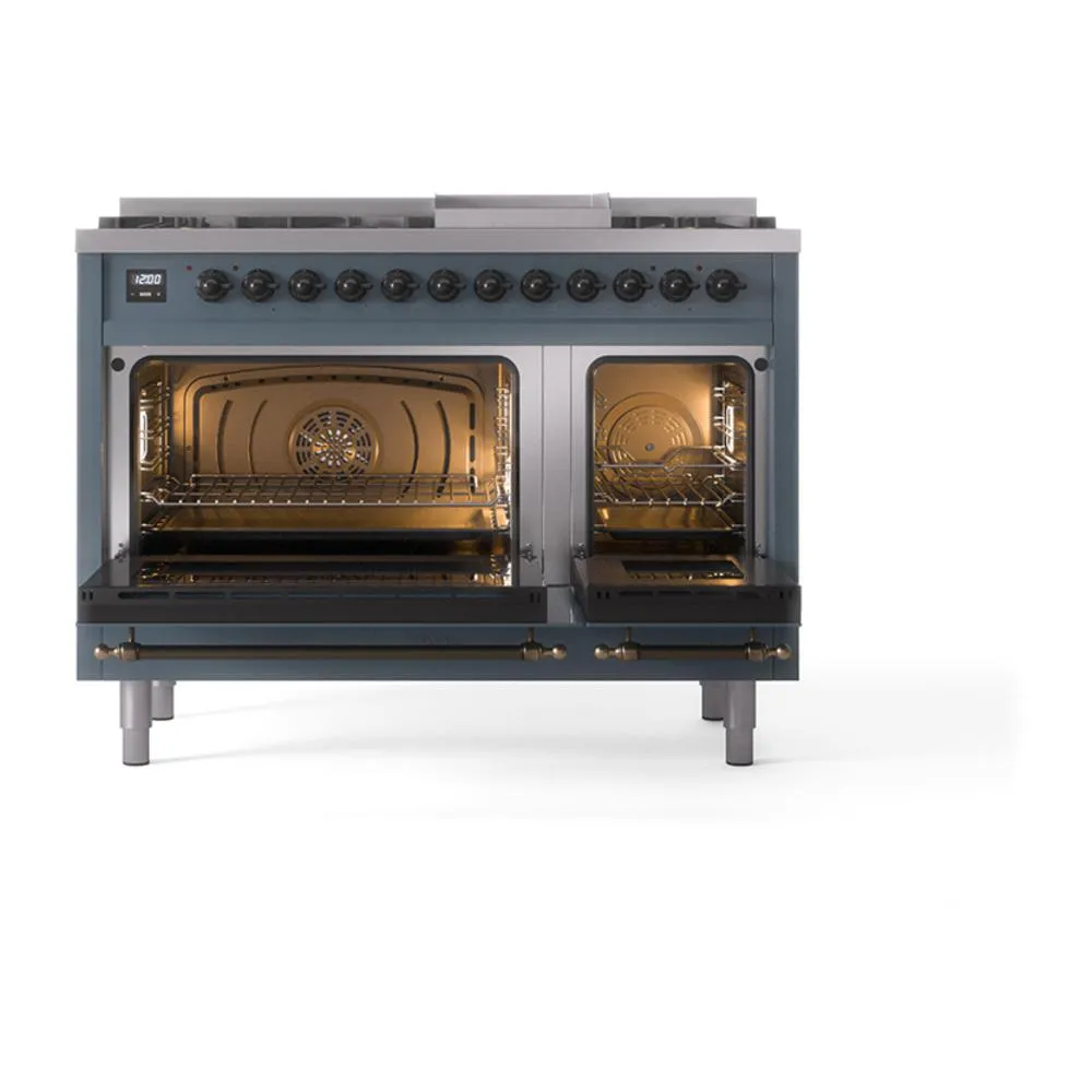 Ilve UN48FQNMPBGBLP Ilve Un48Fqnmpbgblp Nostalgie Ii Noblesse 48" Dual Fuel Range (8 Sealed Burners   Griddle, Liquid Propane, Solid Door, Blue Grey, Burnished)