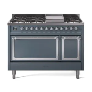 Ilve UN48FQNMPBGC Ilve Un48Fqnmpbgc Nostalgie Ii Noblesse 48" Dual Fuel Range (8 Sealed Burners   Griddle, Natural Gas, Solid Door, Blue Grey, Chrome)