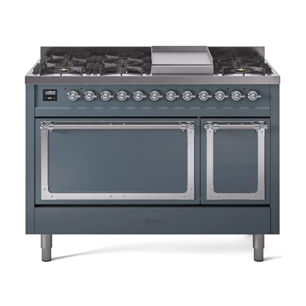 Ilve UN48FQNMPBGCLP Ilve Un48Fqnmpbgclp Nostalgie Ii Noblesse 48" Dual Fuel Range (8 Sealed Burners   Griddle, Liquid Propane, Solid Door, Blue Grey, Chrome)