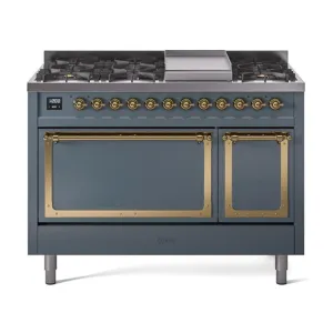 Ilve UN48FQNMPBGG Ilve Un48Fqnmpbgg Nostalgie Ii Noblesse 48" Dual Fuel Range (8 Sealed Burners   Griddle, Natural Gas, Solid Door, Blue Grey, Brass)