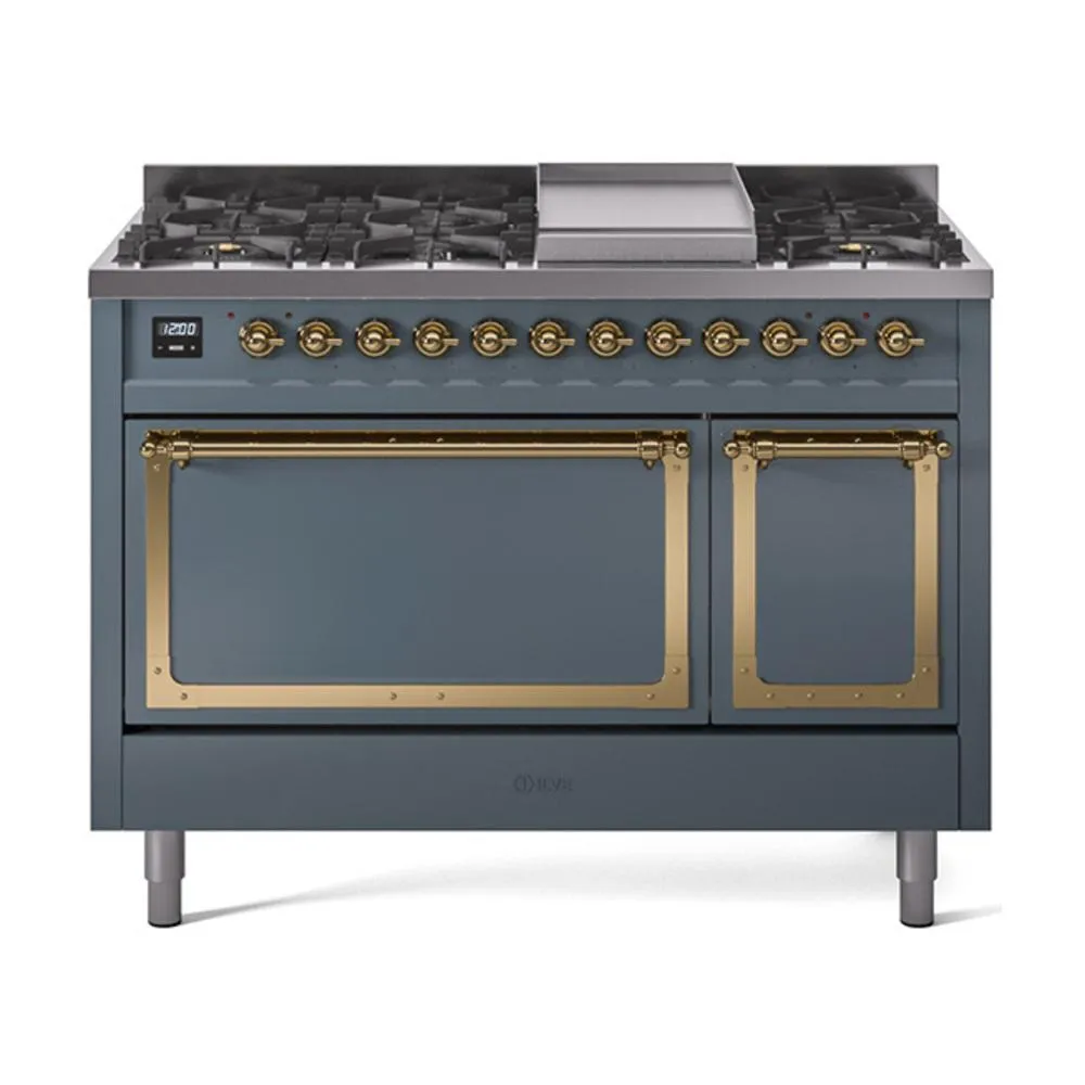 Ilve UN48FQNMPBGGLP Ilve Un48Fqnmpbgglp Nostalgie Ii Noblesse 48" Dual Fuel Range (8 Sealed Burners   Griddle, Liquid Propane, Solid Door, Blue Grey, Brass)