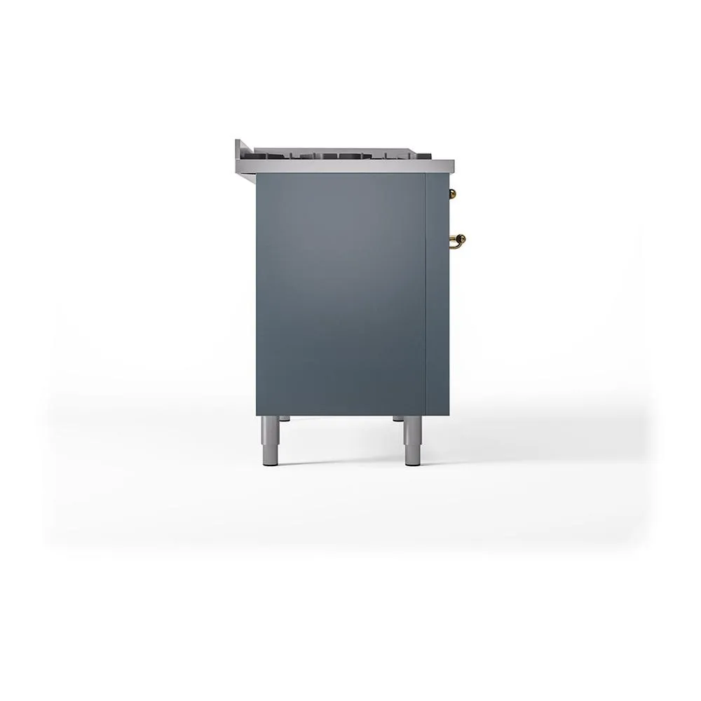 Ilve UN48FQNMPBGGLP Ilve Un48Fqnmpbgglp Nostalgie Ii Noblesse 48" Dual Fuel Range (8 Sealed Burners   Griddle, Liquid Propane, Solid Door, Blue Grey, Brass)