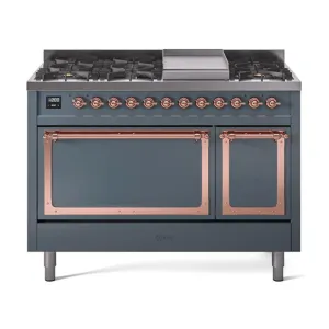 Ilve UN48FQNMPBGP Ilve Un48Fqnmpbgp Nostalgie Ii Noblesse 48" Dual Fuel Range (8 Sealed Burners   Griddle, Natural Gas, Solid Door, Blue Grey, Copper)