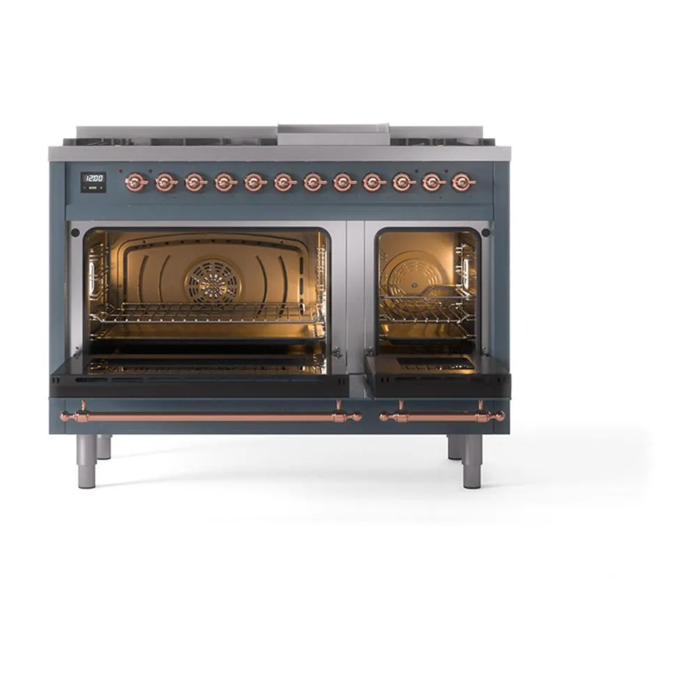 Ilve UN48FQNMPBGP Ilve Un48Fqnmpbgp Nostalgie Ii Noblesse 48" Dual Fuel Range (8 Sealed Burners   Griddle, Natural Gas, Solid Door, Blue Grey, Copper)