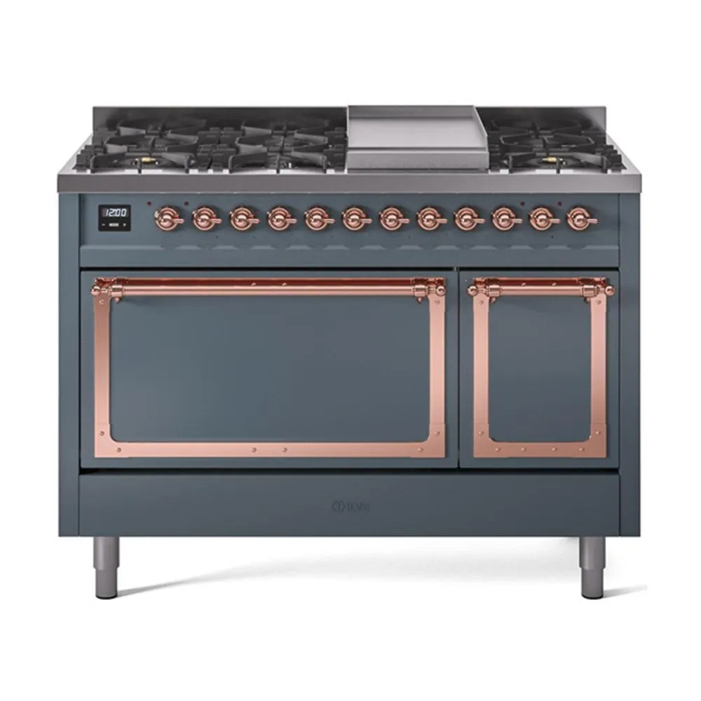 Ilve UN48FQNMPBGP Ilve Un48Fqnmpbgp Nostalgie Ii Noblesse 48" Dual Fuel Range (8 Sealed Burners   Griddle, Natural Gas, Solid Door, Blue Grey, Copper)