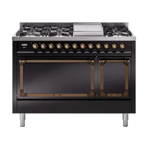 Ilve UN48FQNMPBKB Ilve Un48Fqnmpbkb Nostalgie Ii Noblesse 48" Dual Fuel Range (8 Sealed Burners   Griddle, Natural Gas, Solid Door, Glossy Black, Burnished)