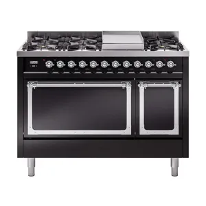 Ilve UN48FQNMPBKC Ilve Un48Fqnmpbkc Nostalgie Ii Noblesse 48" Dual Fuel Range (8 Sealed Burners   Griddle, Natural Gas, Solid Door, Glossy Black, Chrome)