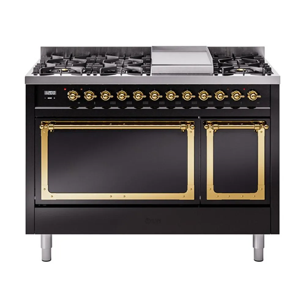 Ilve UN48FQNMPBKGLP Ilve Un48Fqnmpbkglp Nostalgie Ii Noblesse 48" Dual Fuel Range (8 Sealed Burners   Griddle, Liquid Propane, Solid Door, Glossy Black, Brass)