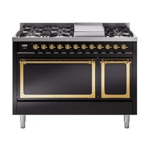Ilve UN48FQNMPBKGLP Ilve Un48Fqnmpbkglp Nostalgie Ii Noblesse 48" Dual Fuel Range (8 Sealed Burners   Griddle, Liquid Propane, Solid Door, Glossy Black, Brass)