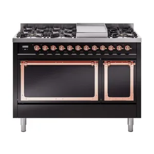 Ilve UN48FQNMPBKP Ilve Un48Fqnmpbkp Nostalgie Ii Noblesse 48" Dual Fuel Range (8 Sealed Burners   Griddle, Natural Gas, Solid Door, Glossy Black, Copper)