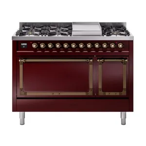 Ilve UN48FQNMPBUB Ilve Un48Fqnmpbub Nostalgie Ii Noblesse 48" Dual Fuel Range (8 Sealed Burners   Griddle, Natural Gas, Solid Door, Burgundy, Burnished)
