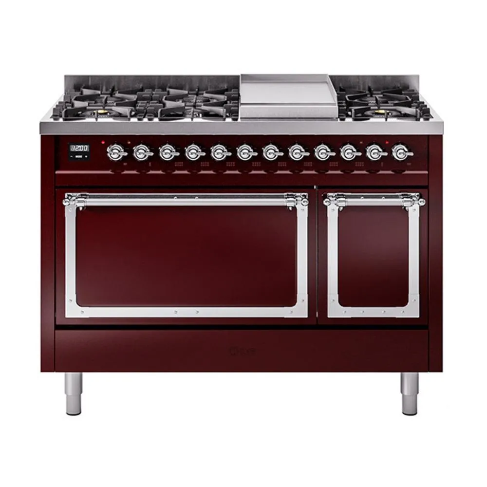 Ilve UN48FQNMPBUC Ilve Un48Fqnmpbuc Nostalgie Ii Noblesse 48" Dual Fuel Range (8 Sealed Burners   Griddle, Natural Gas, Solid Door, Burgundy, Chrome)