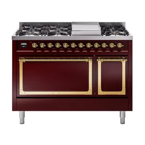 Ilve UN48FQNMPBUGLP Ilve Un48Fqnmpbuglp Nostalgie Ii Noblesse 48" Dual Fuel Range (8 Sealed Burners   Griddle, Liquid Propane, Solid Door, Burgundy, Brass)
