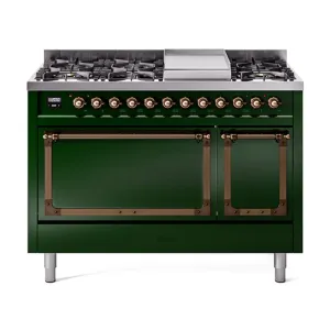Ilve UN48FQNMPEGB Ilve Un48Fqnmpegb Nostalgie Ii Noblesse 48" Dual Fuel Range (8 Sealed Burners   Griddle, Natural Gas, Solid Door, Emerald Green, Burnished)