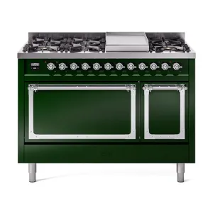 Ilve UN48FQNMPEGCLP Ilve Un48Fqnmpegclp Nostalgie Ii Noblesse 48" Dual Fuel Range (8 Sealed Burners   Griddle, Liquid Propane, Solid Door, Emerald Green, Chrome)