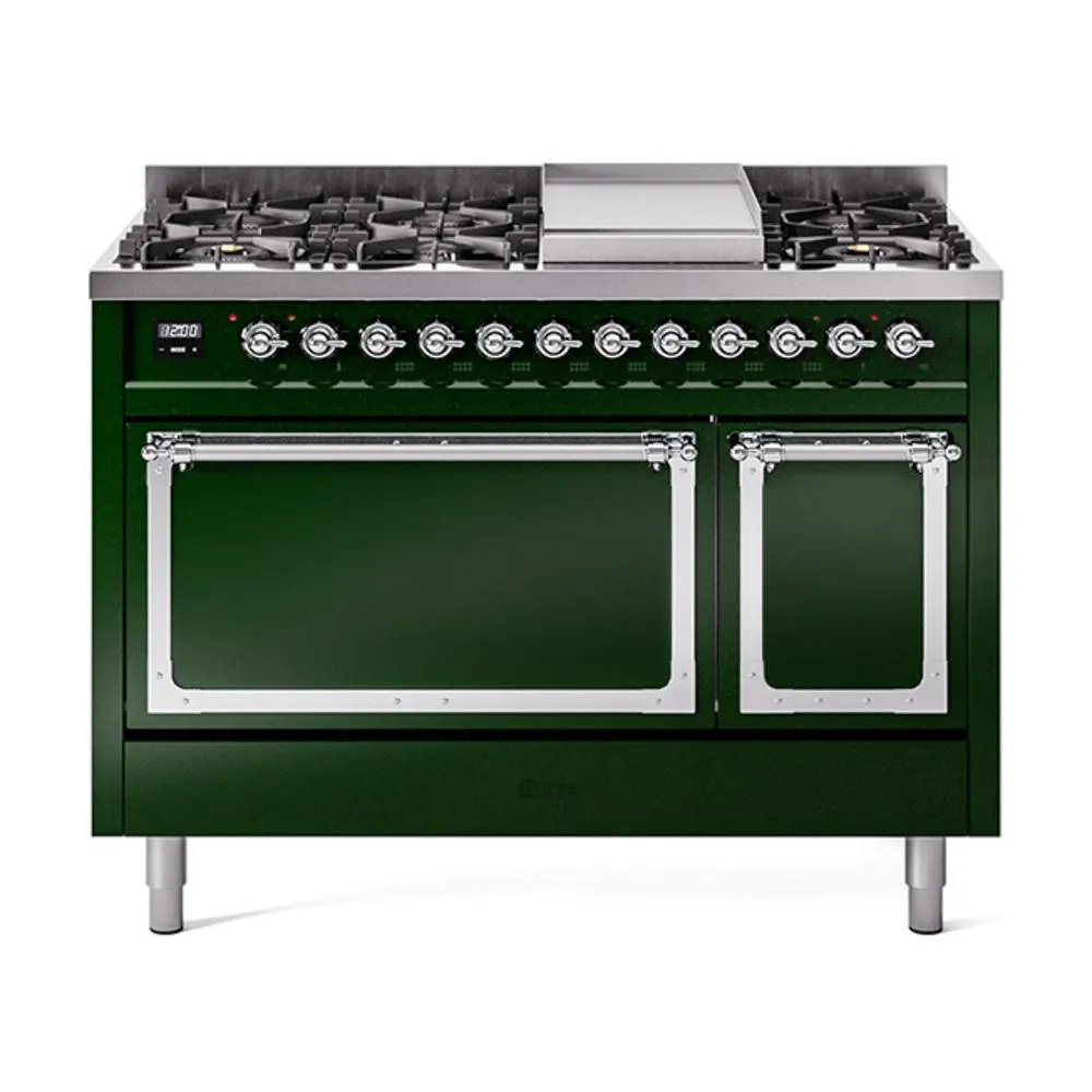 Ilve UN48FQNMPEGCLP Ilve Un48Fqnmpegclp Nostalgie Ii Noblesse 48" Dual Fuel Range (8 Sealed Burners   Griddle, Liquid Propane, Solid Door, Emerald Green, Chrome)