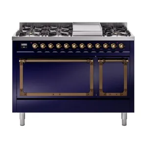 Ilve UN48FQNMPMBB Ilve Un48Fqnmpmbb Nostalgie Ii Noblesse 48" Dual Fuel Range (8 Sealed Burners   Griddle, Natural Gas, Solid Door, Midnight Blue, Burnished)