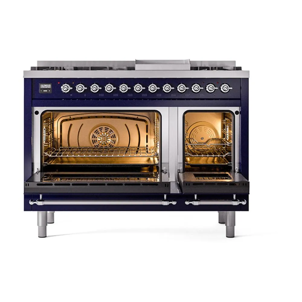 Ilve UN48FQNMPMBC Ilve Un48Fqnmpmbc Nostalgie Ii Noblesse 48" Dual Fuel Range (8 Sealed Burners   Griddle, Natural Gas, Solid Door, Midnight Blue, Chrome)