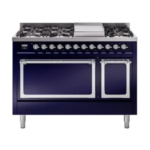 Ilve UN48FQNMPMBC Ilve Un48Fqnmpmbc Nostalgie Ii Noblesse 48" Dual Fuel Range (8 Sealed Burners   Griddle, Natural Gas, Solid Door, Midnight Blue, Chrome)