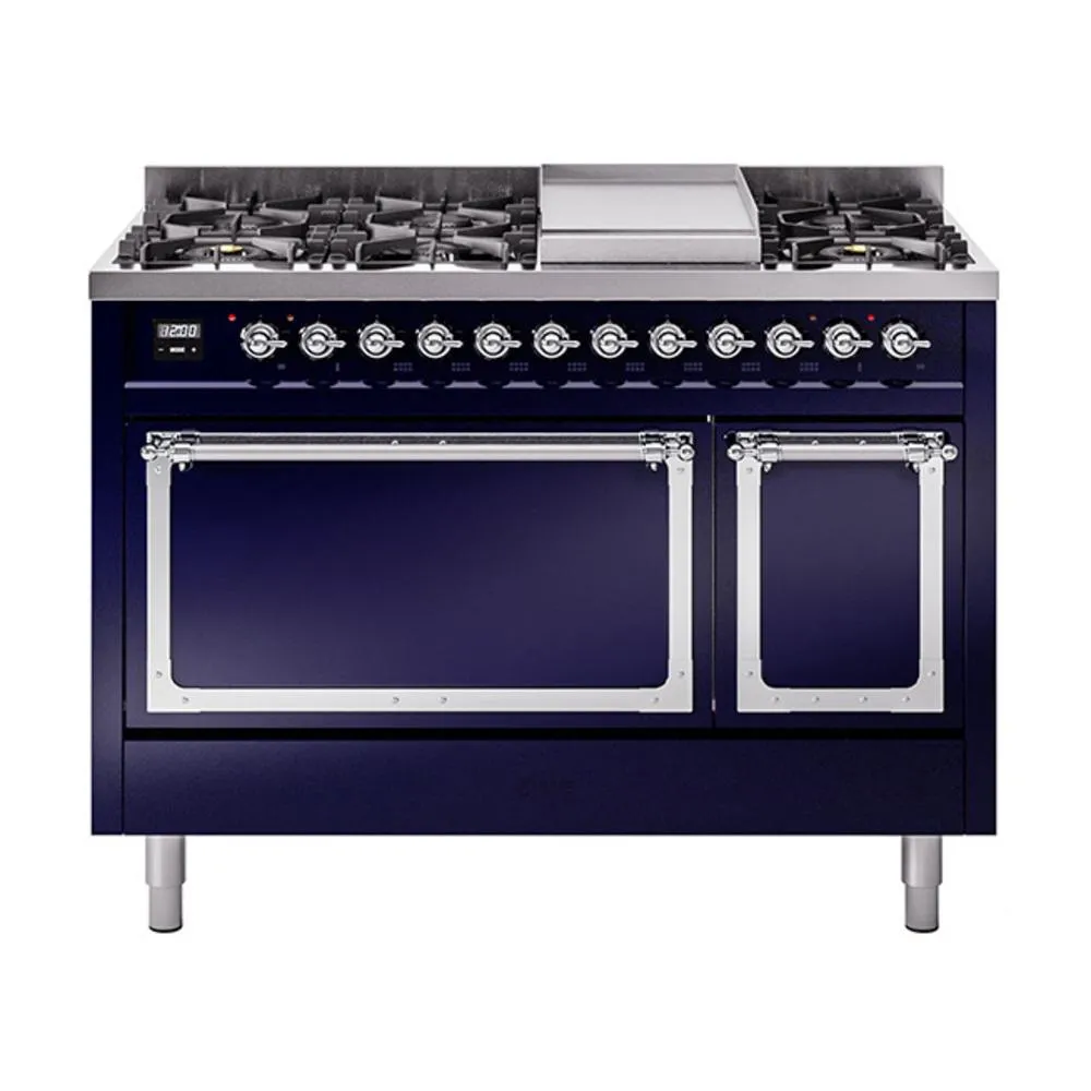 Ilve UN48FQNMPMBC Ilve Un48Fqnmpmbc Nostalgie Ii Noblesse 48" Dual Fuel Range (8 Sealed Burners   Griddle, Natural Gas, Solid Door, Midnight Blue, Chrome)