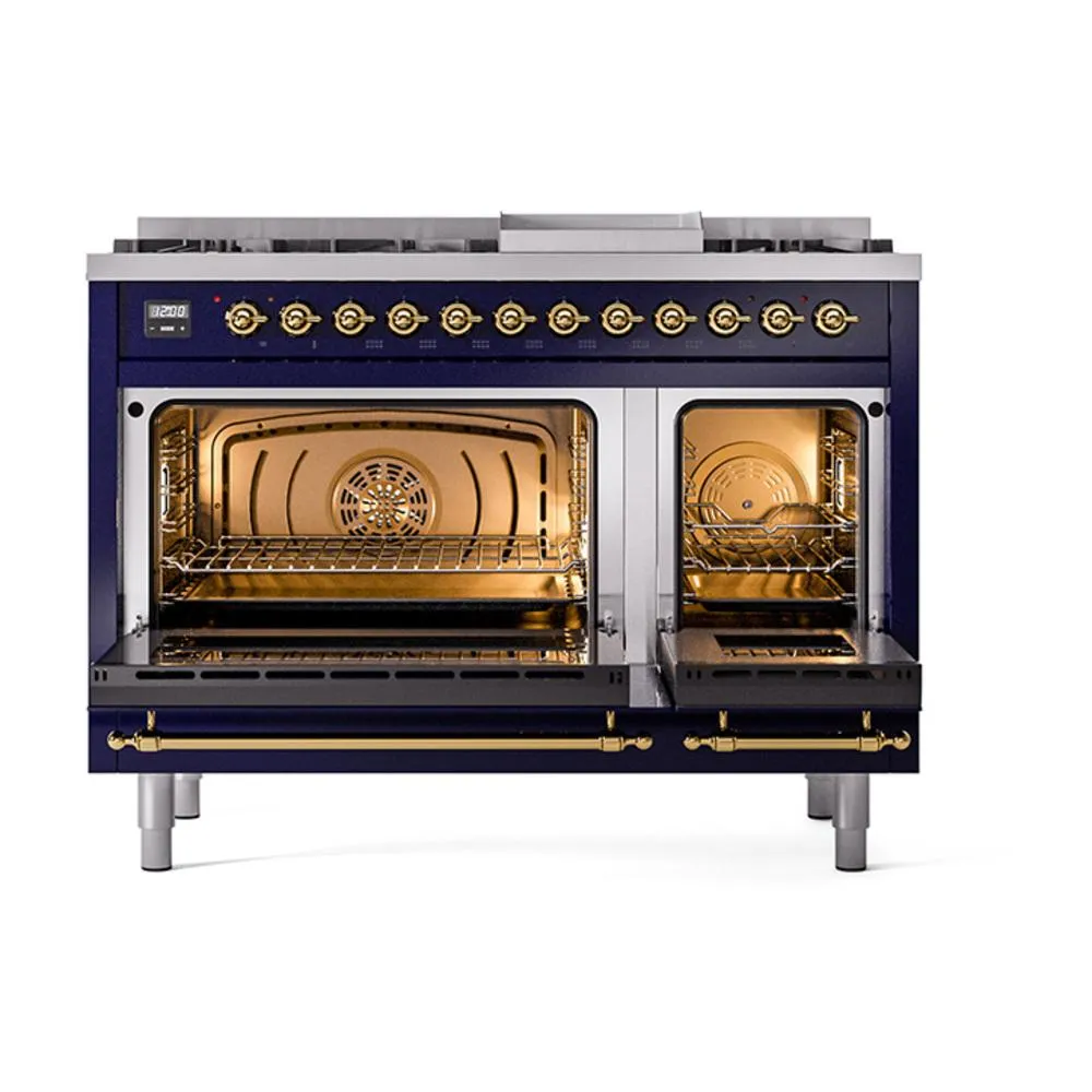 Ilve UN48FQNMPMBG Ilve Un48Fqnmpmbg Nostalgie Ii Noblesse 48" Dual Fuel Range (8 Sealed Burners   Griddle, Natural Gas, Solid Door, Midnight Blue, Brass)