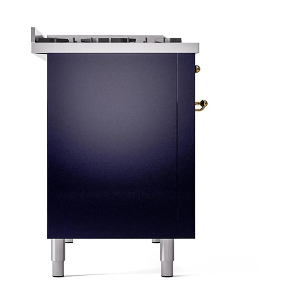 Ilve UN48FQNMPMBGLP Ilve Un48Fqnmpmbglp Nostalgie Ii Noblesse 48" Dual Fuel Range (8 Sealed Burners   Griddle, Liquid Propane, Solid Door, Midnight Blue, Brass)