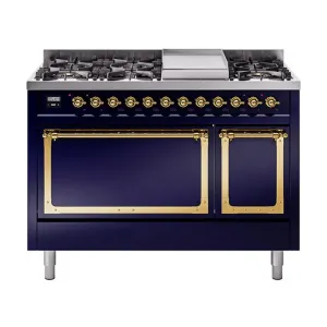 Ilve UN48FQNMPMBGLP Ilve Un48Fqnmpmbglp Nostalgie Ii Noblesse 48" Dual Fuel Range (8 Sealed Burners   Griddle, Liquid Propane, Solid Door, Midnight Blue, Brass)