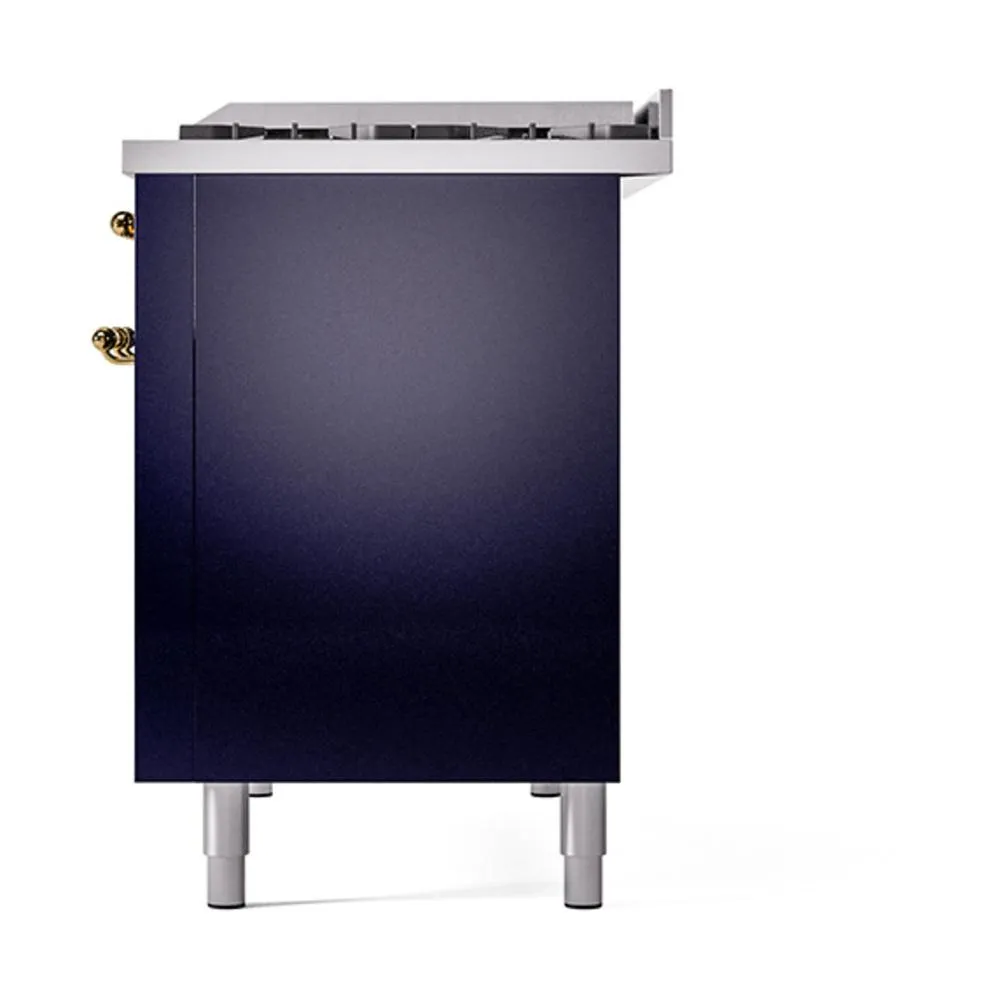 Ilve UN48FQNMPMBGLP Ilve Un48Fqnmpmbglp Nostalgie Ii Noblesse 48" Dual Fuel Range (8 Sealed Burners   Griddle, Liquid Propane, Solid Door, Midnight Blue, Brass)