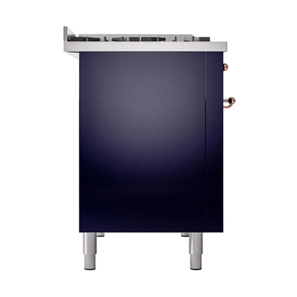 Ilve UN48FQNMPMBPLP Ilve Un48Fqnmpmbplp Nostalgie Ii Noblesse 48" Dual Fuel Range (8 Sealed Burners   Griddle, Liquid Propane, Solid Door, Midnight Blue, Copper)