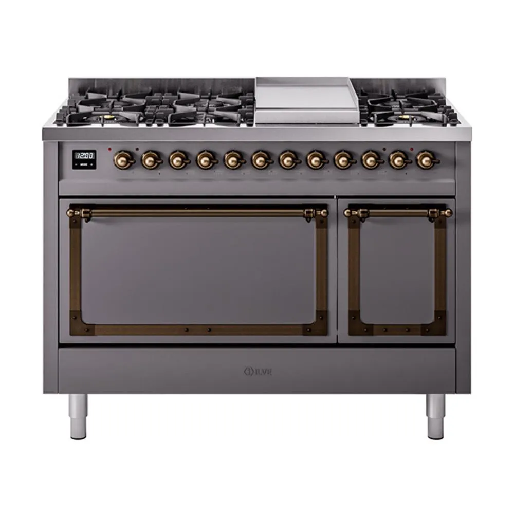 Ilve UN48FQNMPMGBLP Ilve Un48Fqnmpmgblp Nostalgie Ii Noblesse 48" Dual Fuel Range (8 Sealed Burners   Griddle, Liquid Propane, Solid Door, Graphite Matte, Burnished)