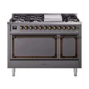 Ilve UN48FQNMPMGBLP Ilve Un48Fqnmpmgblp Nostalgie Ii Noblesse 48" Dual Fuel Range (8 Sealed Burners   Griddle, Liquid Propane, Solid Door, Graphite Matte, Burnished)