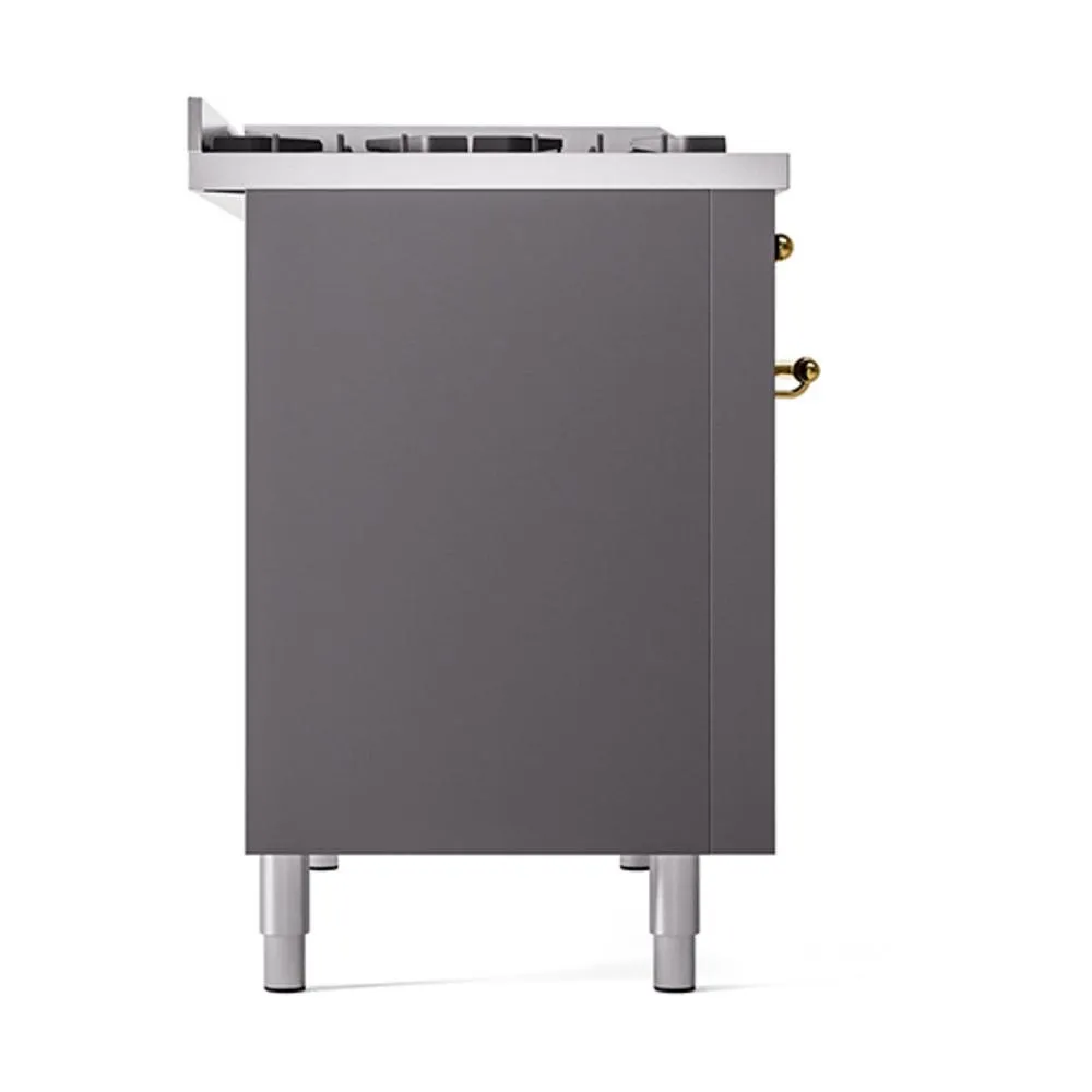 Ilve UN48FQNMPMGGLP Ilve Un48Fqnmpmgglp Nostalgie Ii Noblesse 48" Dual Fuel Range (8 Sealed Burners   Griddle, Liquid Propane, Solid Door, Graphite Matte, Brass)