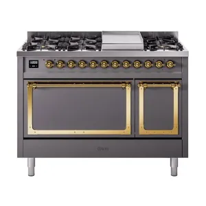 Ilve UN48FQNMPMGGLP Ilve Un48Fqnmpmgglp Nostalgie Ii Noblesse 48" Dual Fuel Range (8 Sealed Burners   Griddle, Liquid Propane, Solid Door, Graphite Matte, Brass)