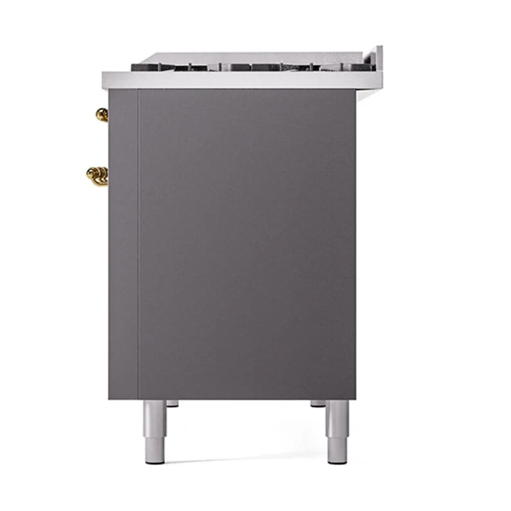 Ilve UN48FQNMPMGGLP Ilve Un48Fqnmpmgglp Nostalgie Ii Noblesse 48" Dual Fuel Range (8 Sealed Burners   Griddle, Liquid Propane, Solid Door, Graphite Matte, Brass)