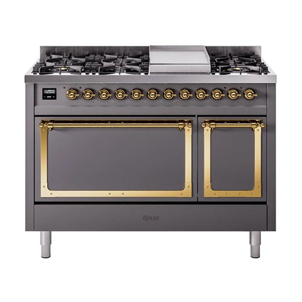 Ilve UN48FQNMPMGGLP Ilve Un48Fqnmpmgglp Nostalgie Ii Noblesse 48" Dual Fuel Range (8 Sealed Burners   Griddle, Liquid Propane, Solid Door, Graphite Matte, Brass)