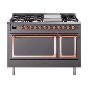 Ilve UN48FQNMPMGP Ilve Un48Fqnmpmgp Nostalgie Ii Noblesse 48" Dual Fuel Range (8 Sealed Burners   Griddle, Natural Gas, Solid Door, Graphite Matte, Copper)