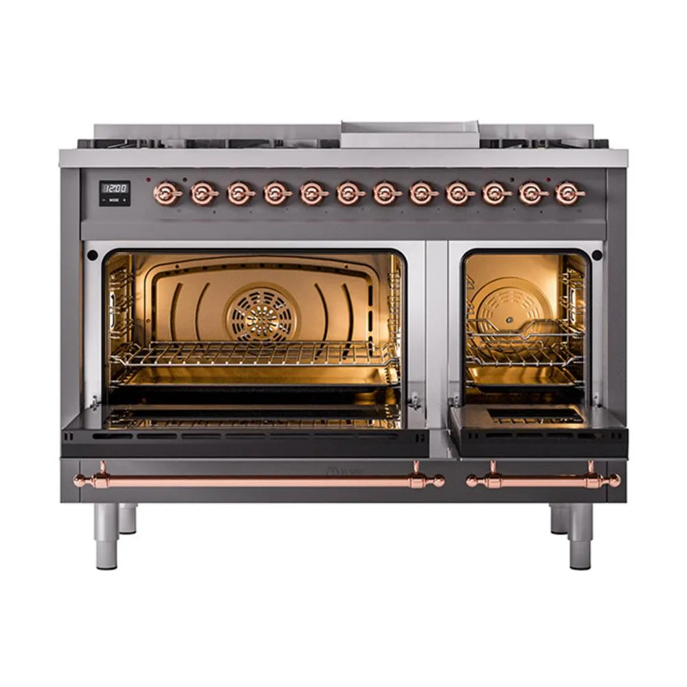 Ilve UN48FQNMPMGP Ilve Un48Fqnmpmgp Nostalgie Ii Noblesse 48" Dual Fuel Range (8 Sealed Burners   Griddle, Natural Gas, Solid Door, Graphite Matte, Copper)